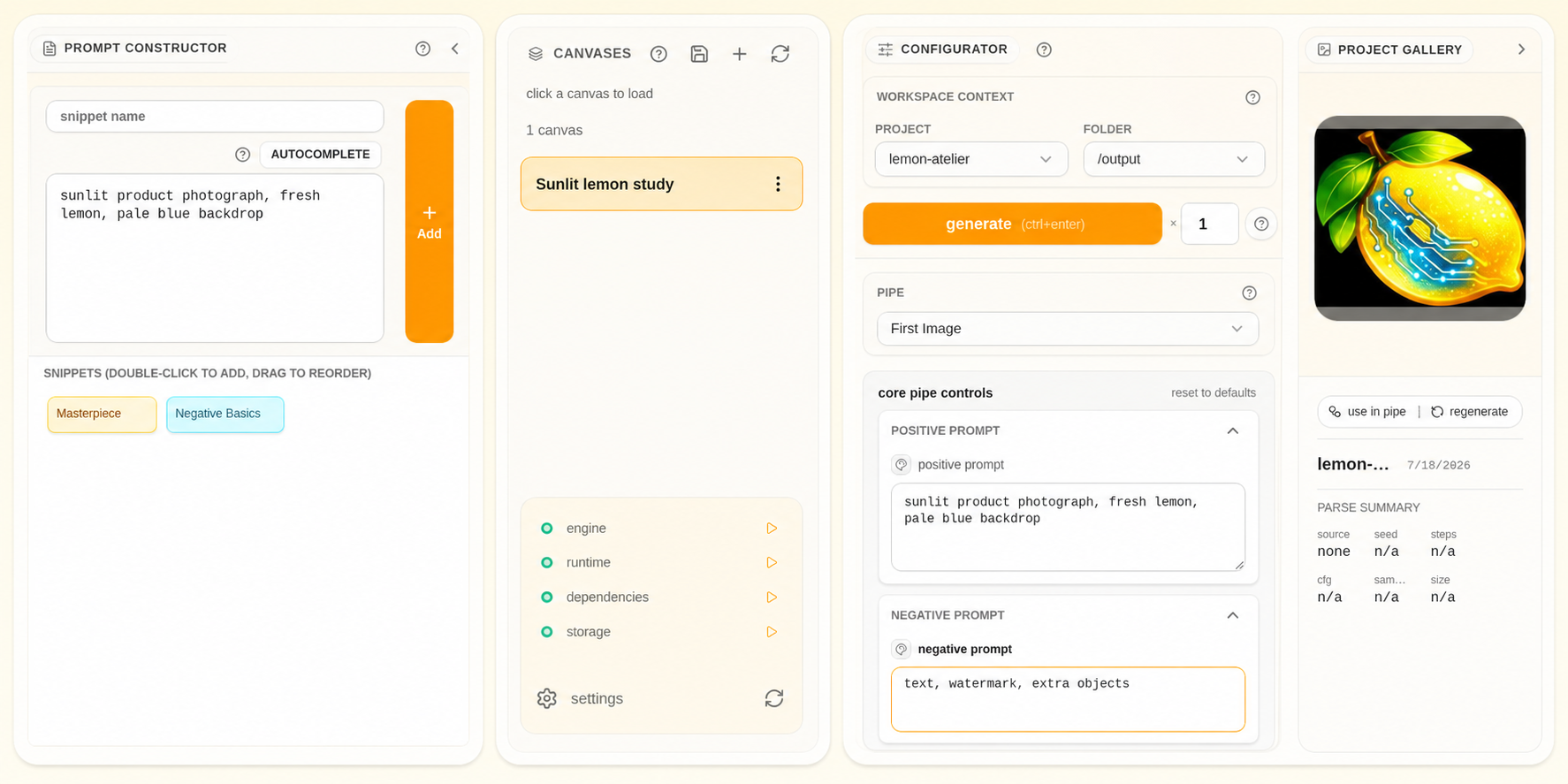 A configured Prompt Studio workspace, a named Canvas, and the same workspace reopened