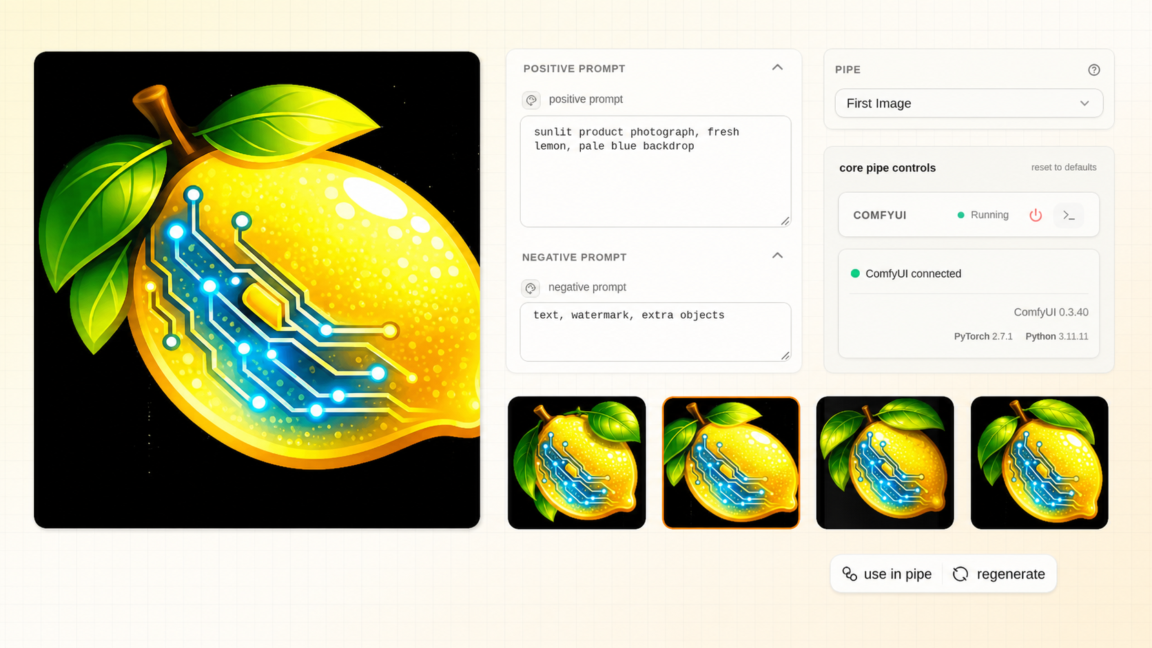 A finished cyberpunk lemon still life beside its prompt, Pipe controls, variations, and reuse actions