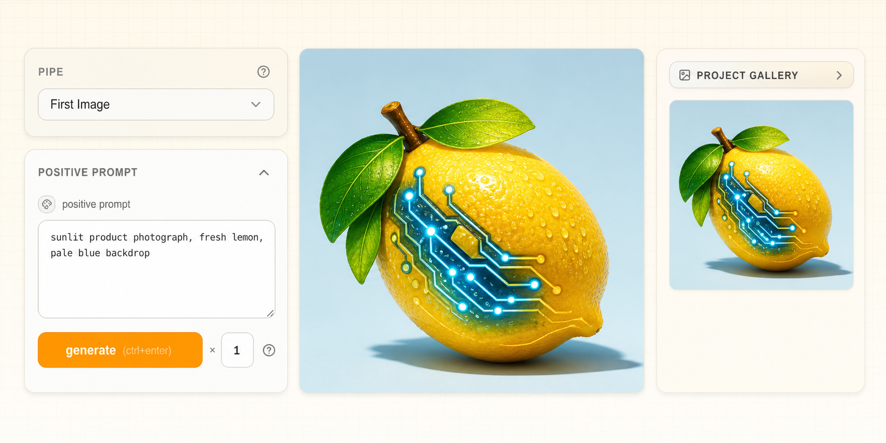 Three stages of a first image: a short prompt, a finished cyberpunk lemon, and its Gallery card