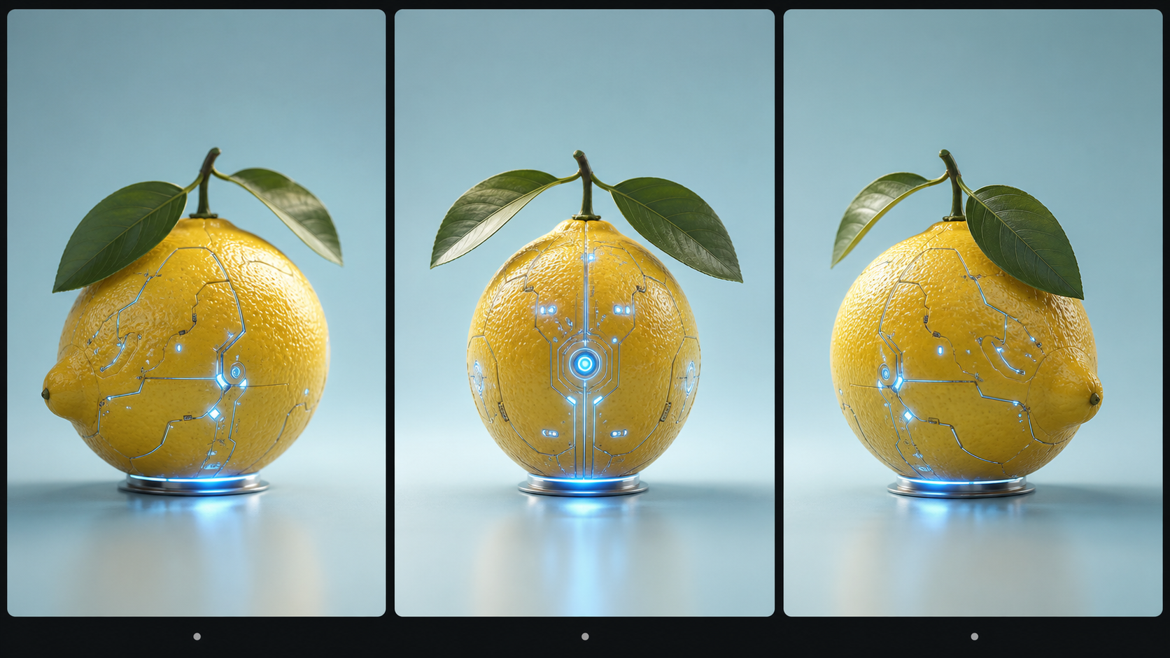 First, middle, and last frames from a short rotating cyberpunk lemon clip