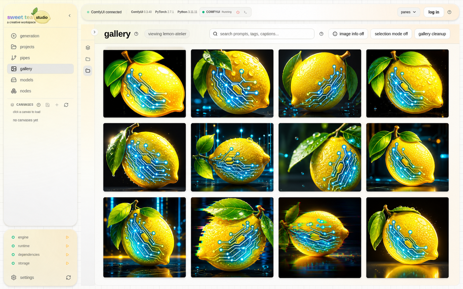 Gallery showing twelve related cyberpunk still-life variations in a project grid