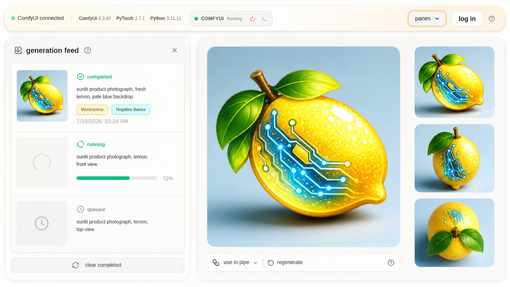 A focused Generation Feed with completed, running, and queued images beside nearby variations