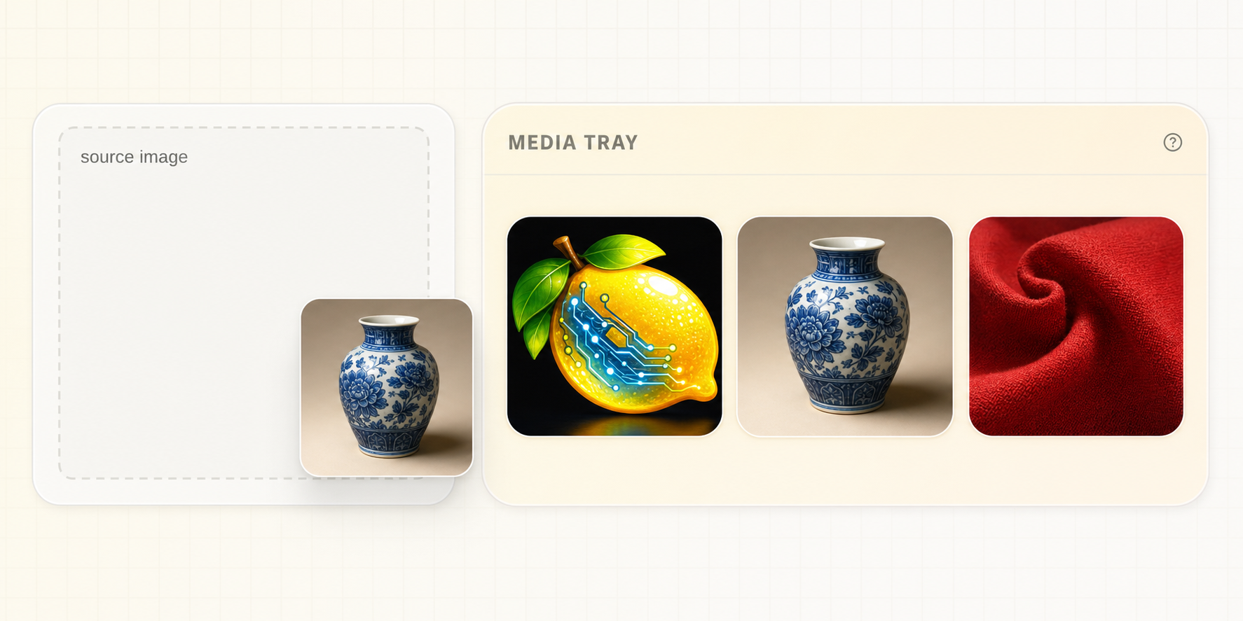 Three different reference images in Media Tray with one being dragged into an image input
