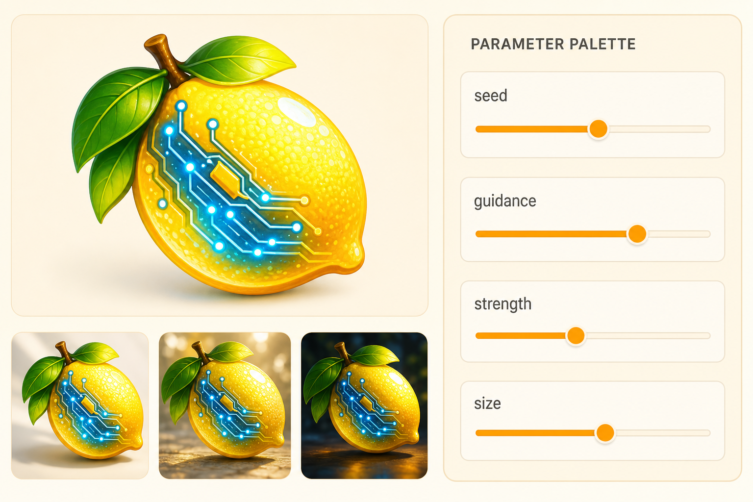 A finished image beside four pinned controls for steps, guidance, seed, and denoise