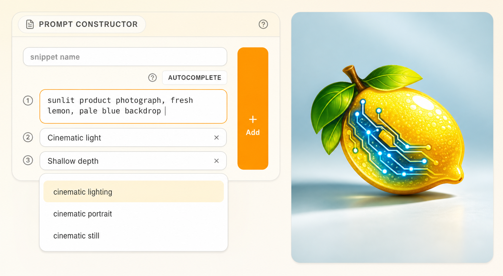 A close prompt field with reusable text blocks and an autocomplete suggestion menu