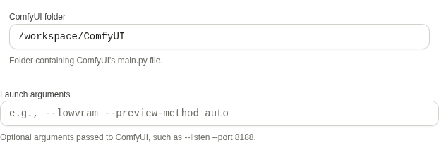 ComfyUI installation folder and optional launch argument fields