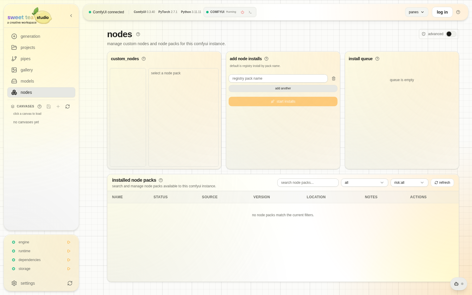 Studio Nodes screen with custom-node inventory and actions