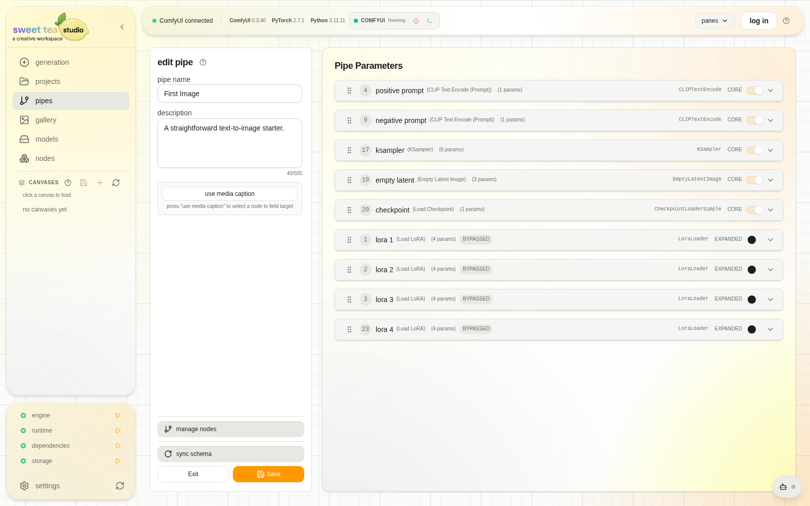 Pipe editor showing graph-backed interface controls
