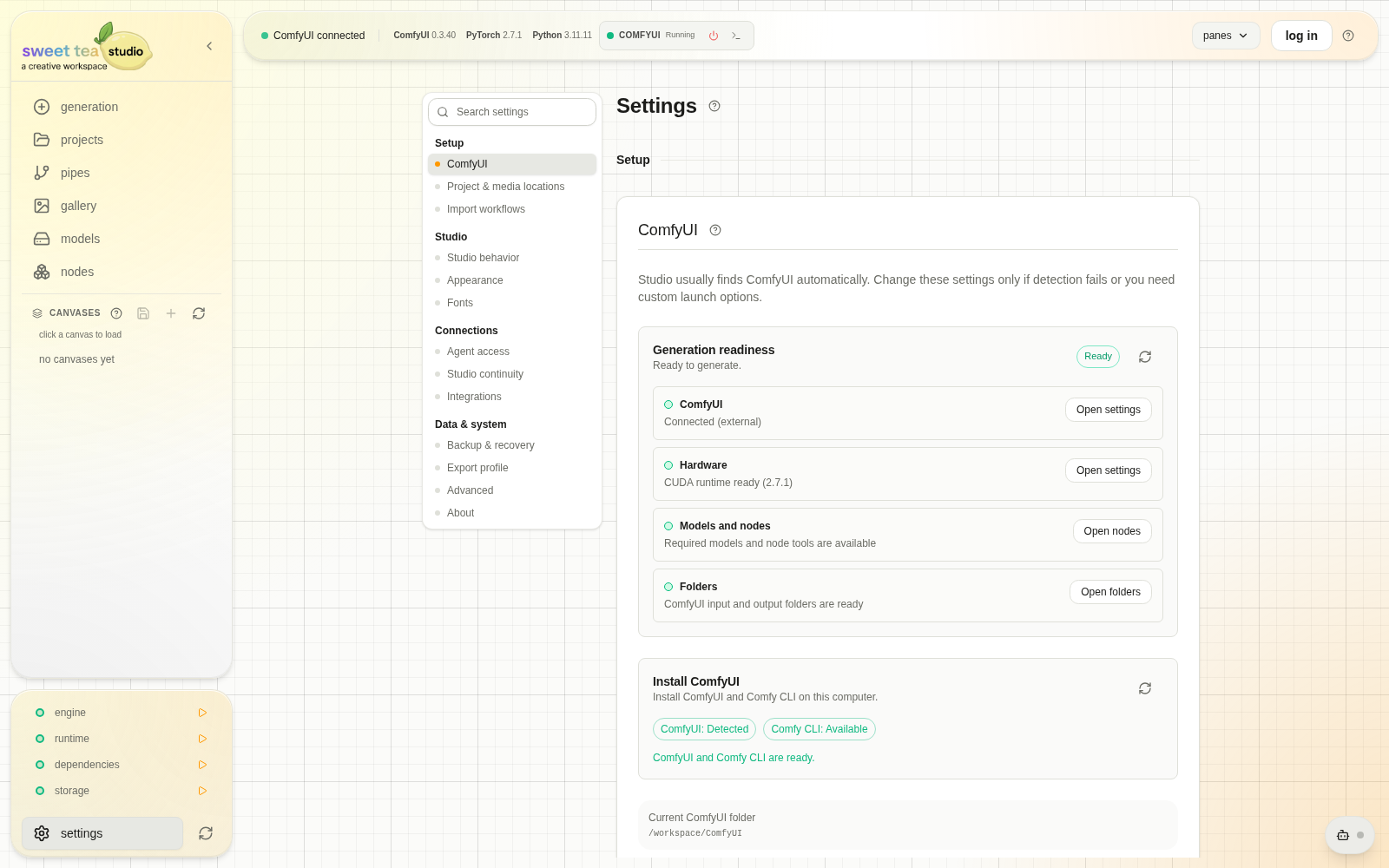 Studio Settings with grouped setup and system controls
