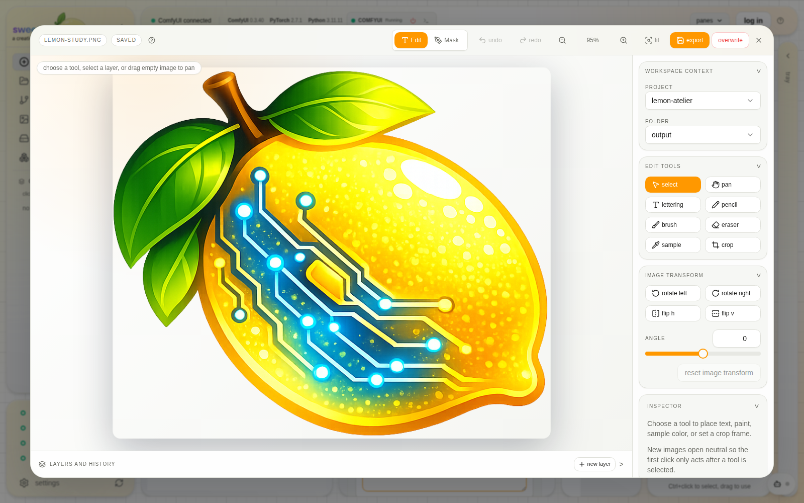 Transform workspace with an image, editing tools, project destination, and export actions